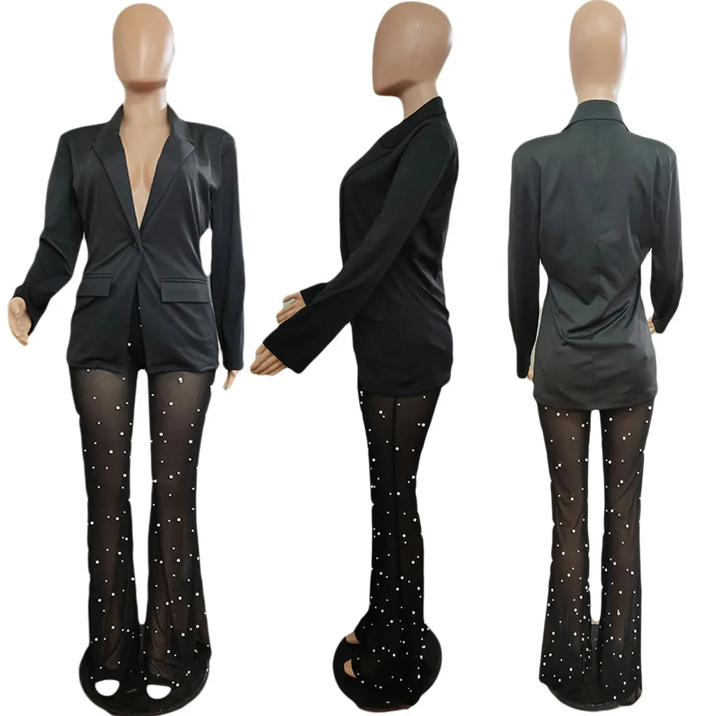 VANHAO Sexy Mesh See Through Two Piece Set Women Outfit 2023 Fashion Nail Bead Long Pants Blazer Sets Wholesale Dropshipping