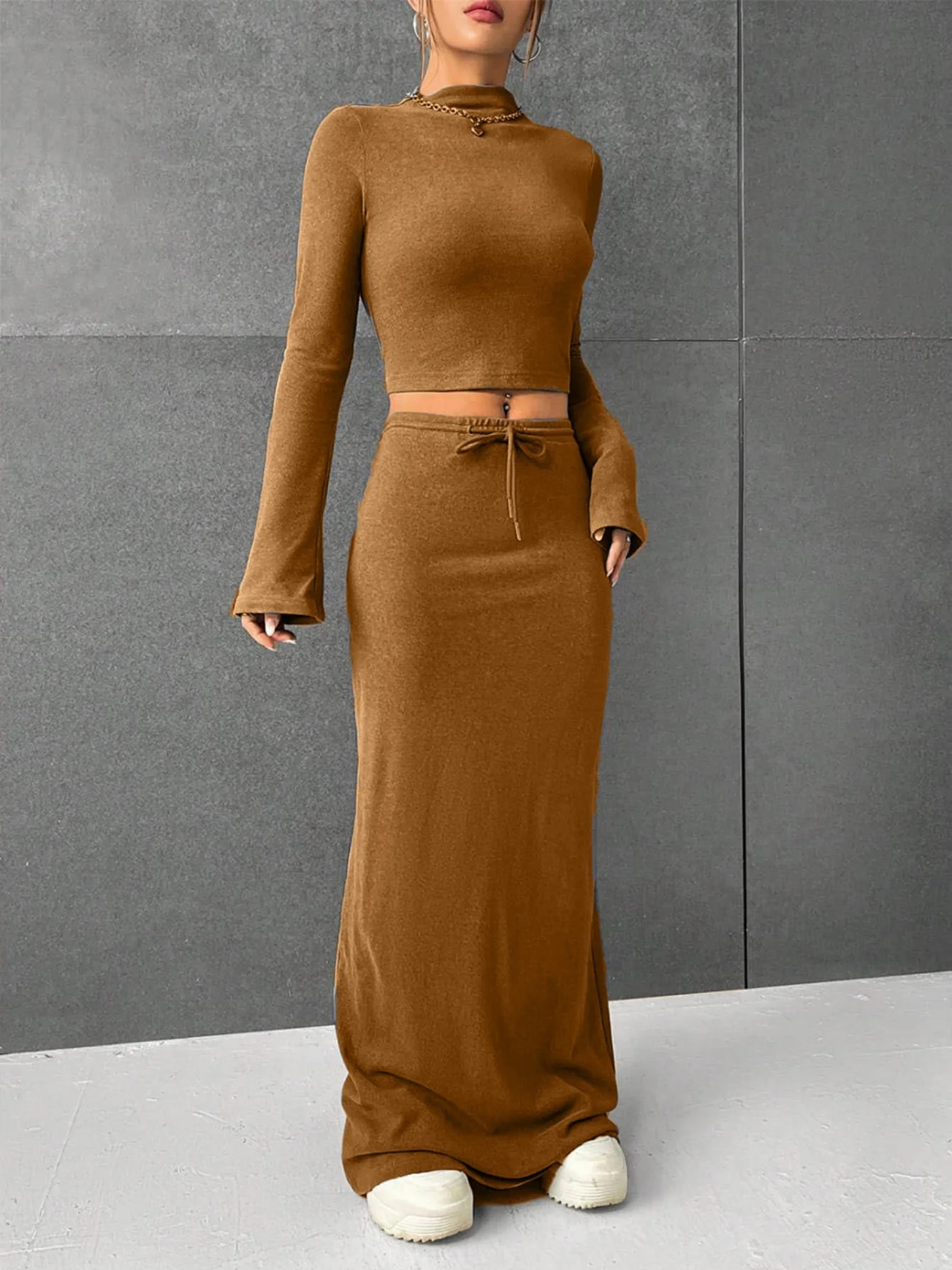 Two Piece Skirt Suit Casual Slim Fit Wear Flare Long Sleeve Crop Tops And Drawstring Maxi Skirts With High Waist 2pcs Sets For Women Daily Fall And Winter
