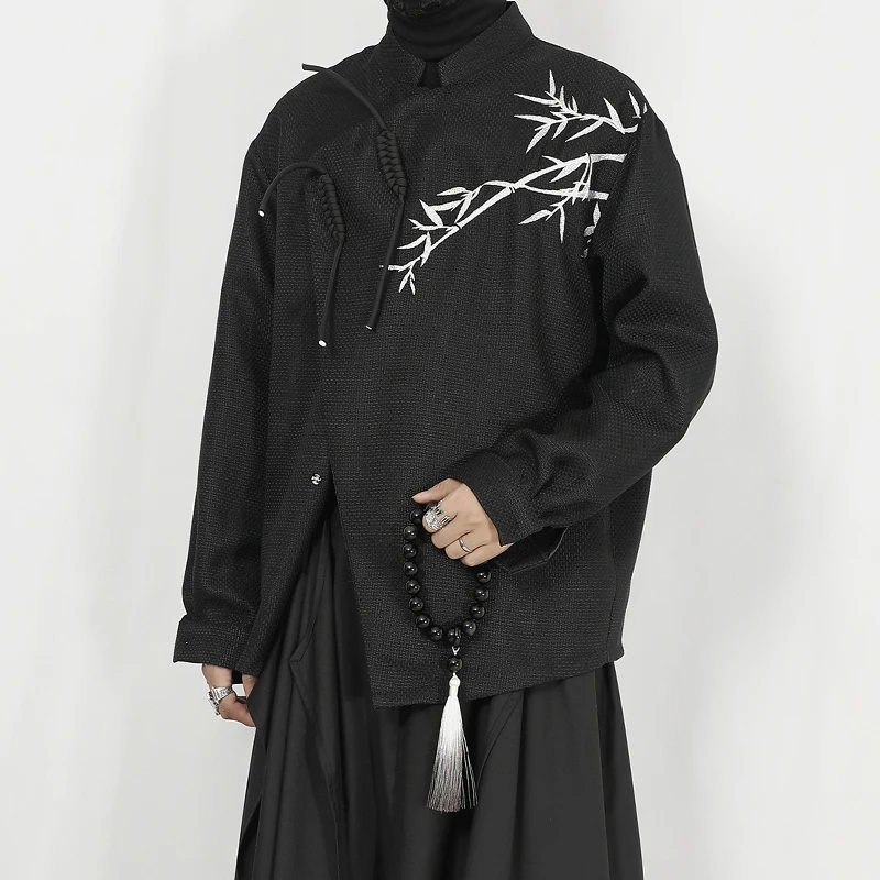 

NDNBF yamamoto style New Spring Men's Chinese Style Tang Dress Button Bamboo Embroidery Loose Standing Neck Long sleeved Shirt