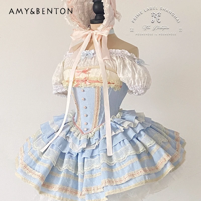 

2025 Summer New Mesh Bow Lace-up Splicing Women's Tube Top Original Design Sweet Cute Lolita Slimming Puff Skirt Suit Ladies