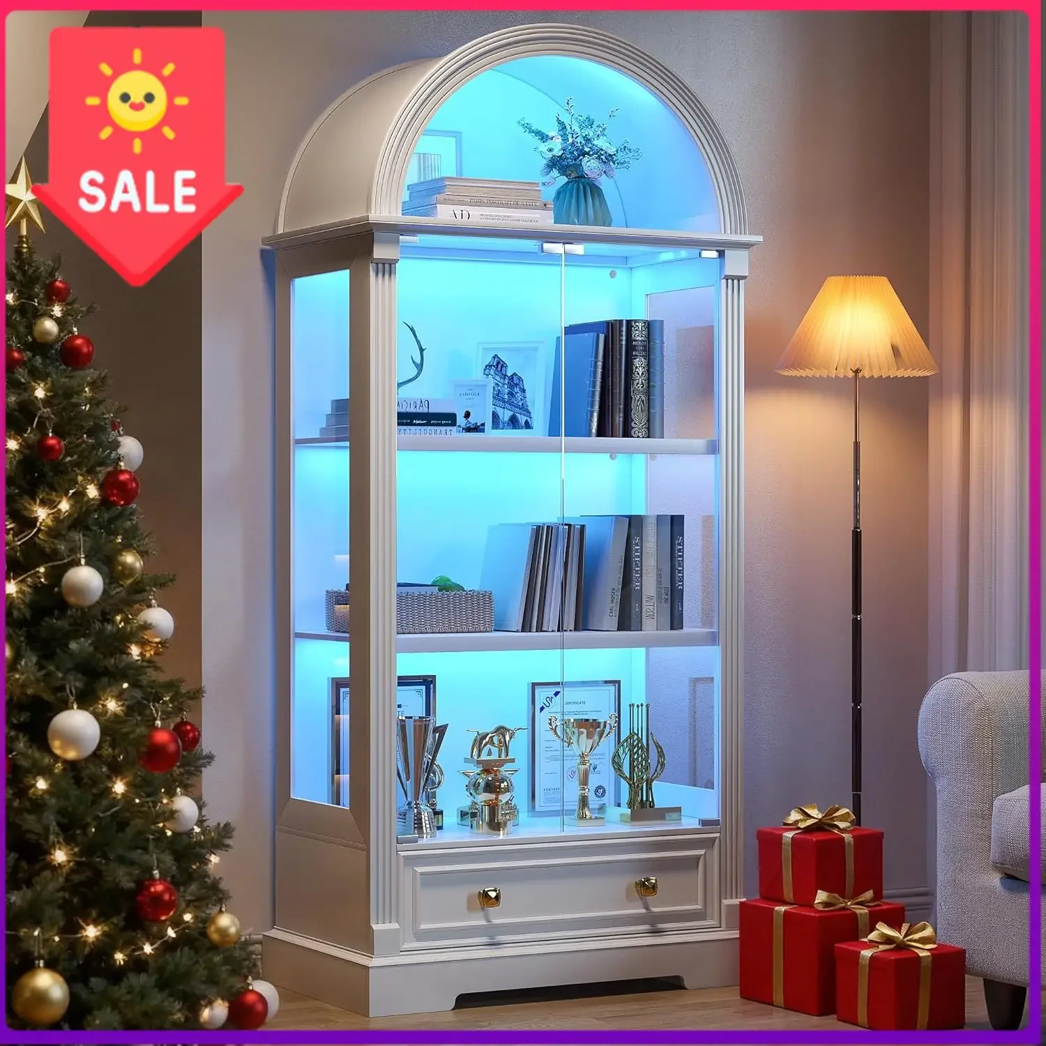 Curio Cabinet with Glass Doors & LED Lights | 72