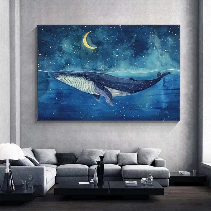 Watercolour Night Blue Deep Sea Humpback Whale Potrait Sea Life Nordic Poster Canvas Painting Wall Art Pictures Home Decor