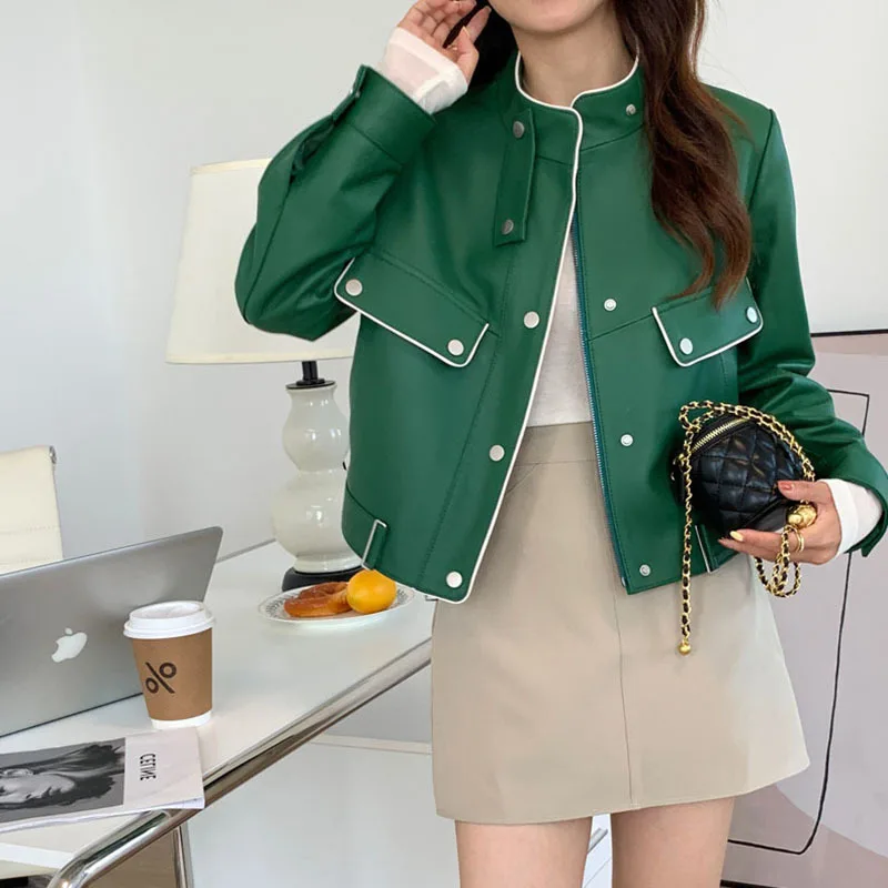

New 2023 Genuine Leather Clothes Women's Spring Locomotive Short Casual Stand Collar Single Breasted Sheepskin Leather Overcoat