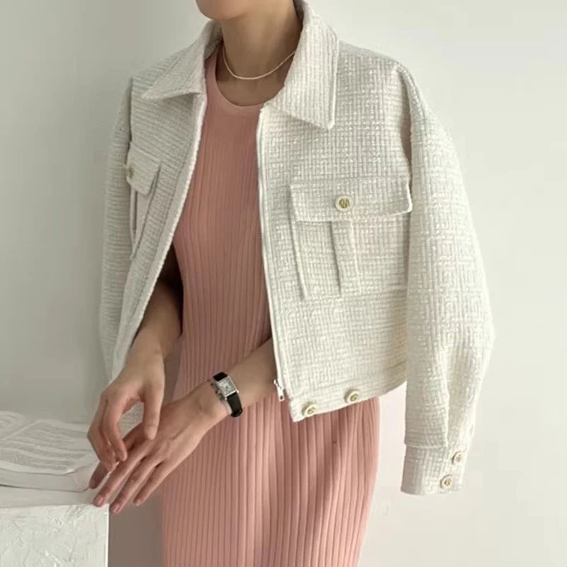 Autumn Temperament Fragrant Loose Turn Collar Long Sleeved Zipper Coarse Woolen Coat Women's Jacket
