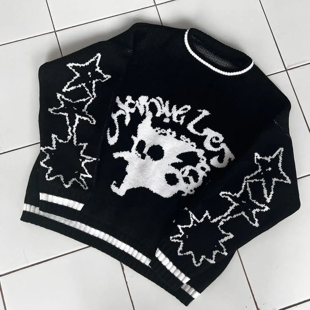 Y2k Clothes Men Oversized anime Star Sweater Black Loose Grey Women Vintage Knitted Sweater 2022 Autumn Pullover Unisex emo