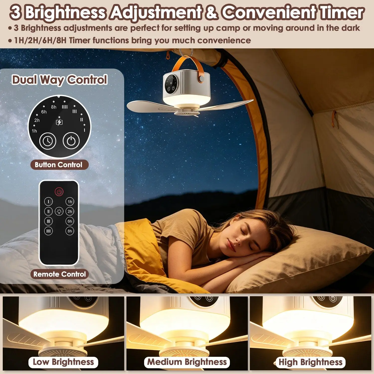 Heavy-Duty Pro Portable Tent Ceiling Fan Built-in LED Lantern Remote Controlled Timing Fan Light for Camping Beach RV Indoor Use