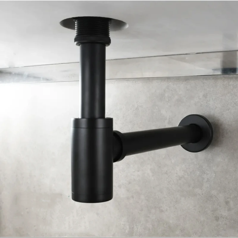 Black/Gold Bathroom Sink Drain Pipe Kit with Pop up Floor Drain Deodorant P-TRAP Brass Waste Drains Set for Wash Basin