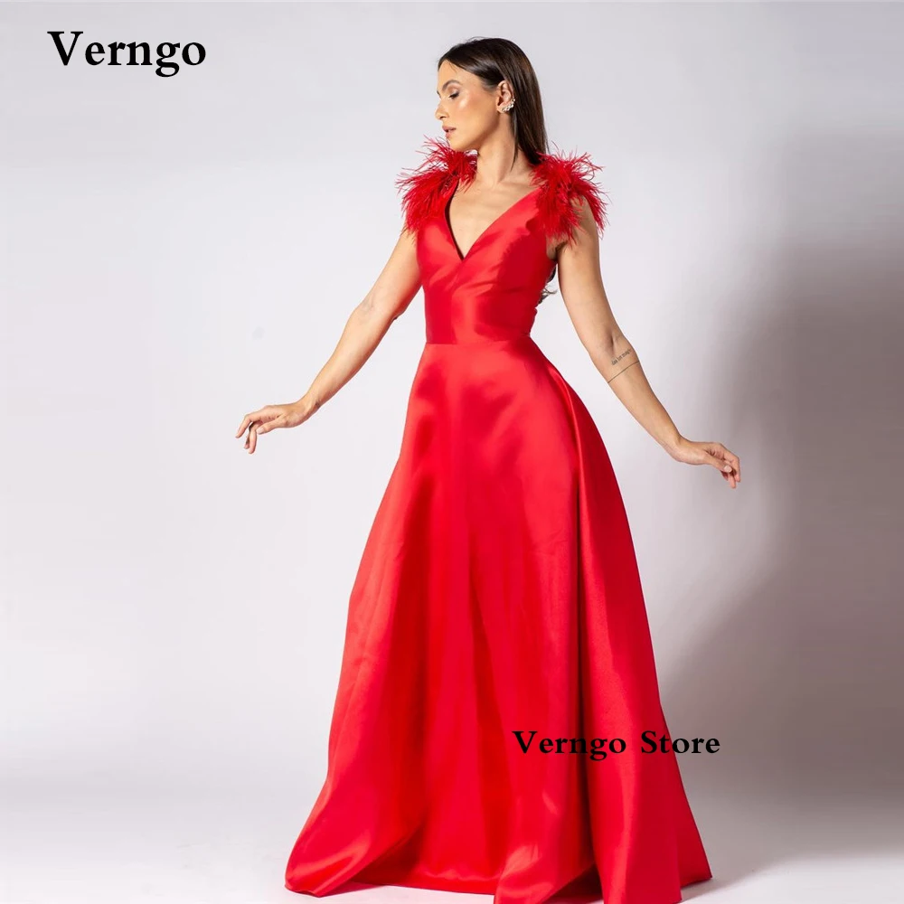 

Verngo Red Silk Satin Long Evening Dresses Feathers V Neck Floor Length Women Formal Prom Celebrity Dress Wedding Party Gown