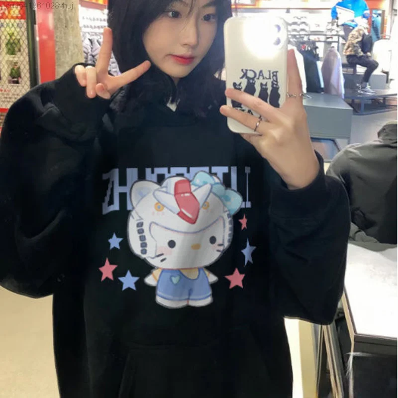 Sanrio Hello Kitty Yk2 Gothic Hood Top Youthful Woman Clothes Winter New Oversize Pullovers Punk Trendy Korean Style Campus Tops