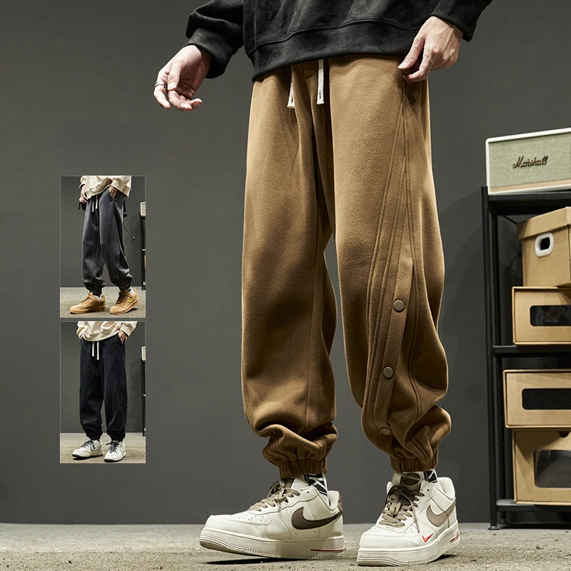 กางเกงวอร์มผู้ชายสีดำ กางเกงทำงานสไตล์ฮาราจูกุ กางเกงลำลองสำหรับผู้ชาย เสื้อผ้าผู้ใหญ่สไตล์วินเทจ มีเชือกผูก เอวหลวม สีพื้น สำหรับฤดูใบไม้ร่วง