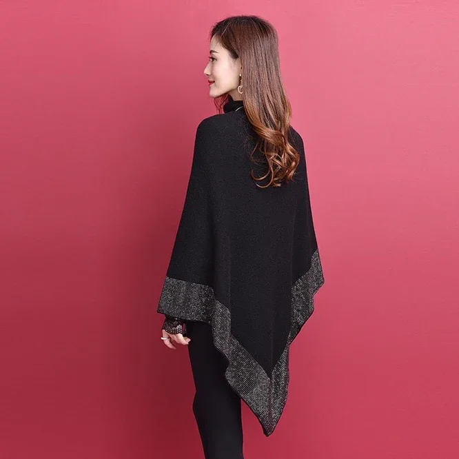 New Autumn Fashion Winter Diamonds Knit Shawl Cloak Loose Plus Size Solid Woman Poncho Cape Pullover Sweater Red