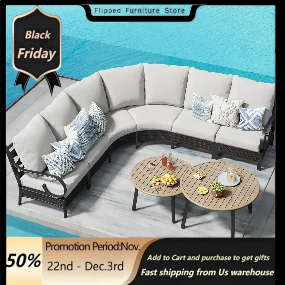 Half-Moon Patio Furniture Set 8 Piece, Curved Outdoor Sectional Sofa Conversation Sets for 6 Persons with 2 Coffee Table