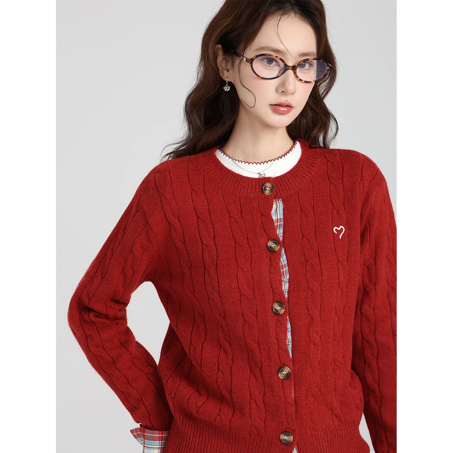 Chaqueta tipo suéter de punto a cuadros bordada con cuello redondo para mujer, Top exterior holgado para Otoño/Invierno