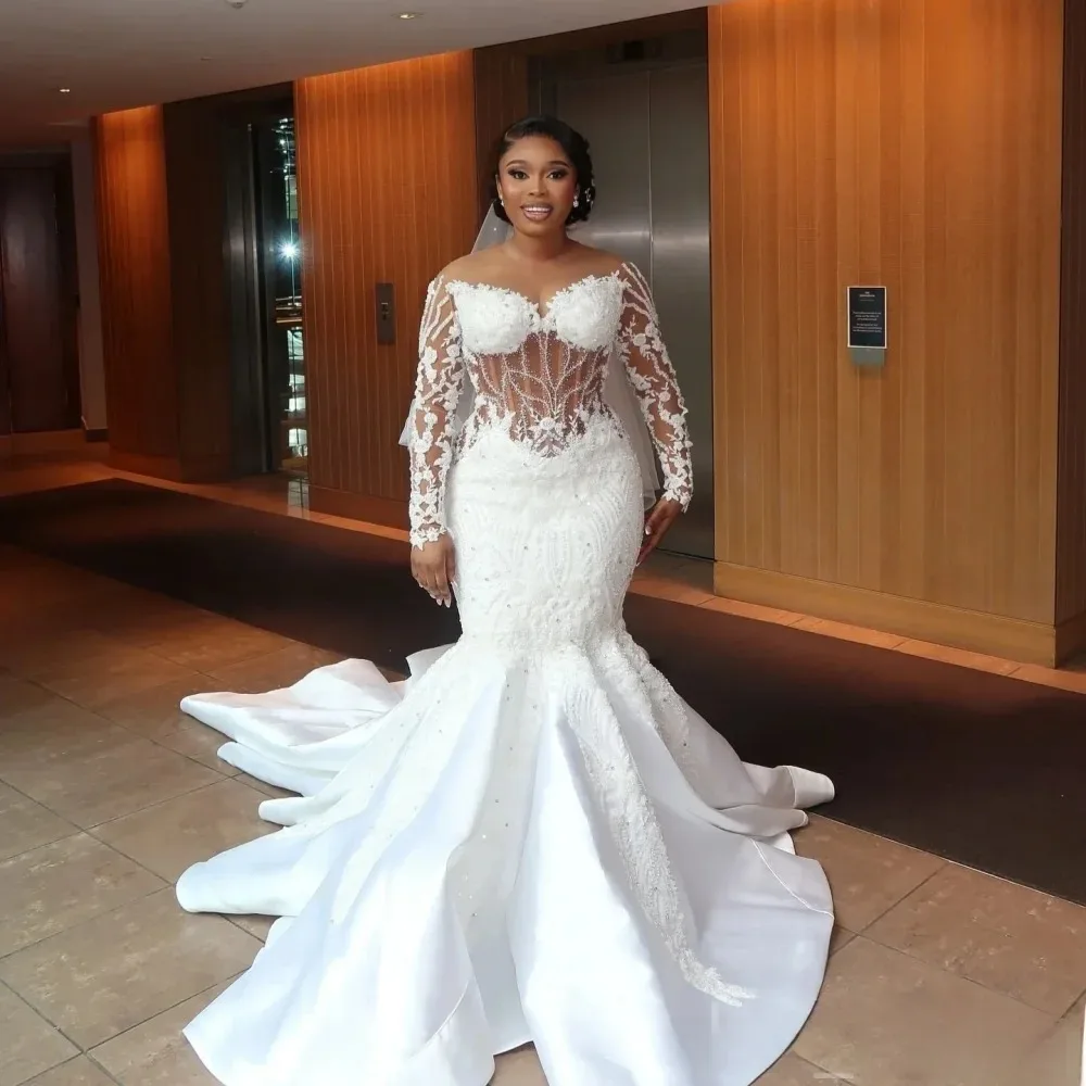 Custom Luxury White Mermaid Wedding Dress 2026 Lace Decal Beads Sexy V-neck Bride Dress African Women Transparent Sleeves Dress