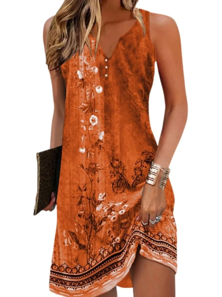 البوهيمي العرقية نمط ثلاثية الأبعاد مطبوعة أكمام الخامس الرقبة الركبة طول بذلة ، الصيف فضفاضة وعادية المرأة تنورة قصيرة S-XL