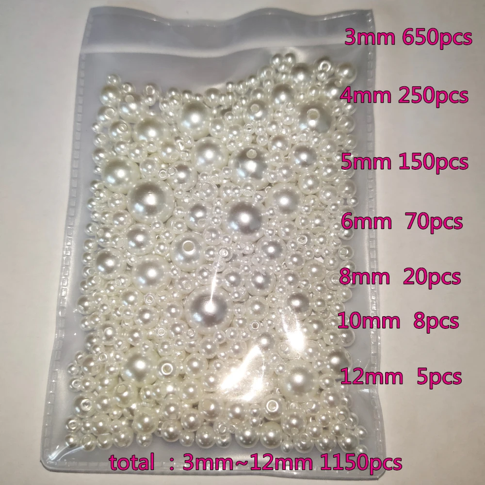 3-12mm formato della miscela 1150 pezzi fori di perle bianche Pure Wtraight perle di perle di plastica imitazione rotonde per cucito e creazione di