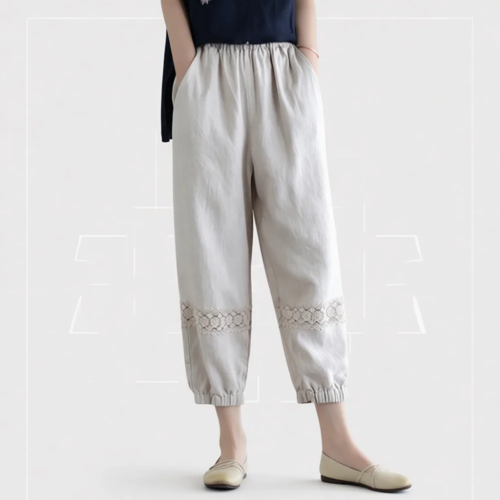 Fashion Women Summer Cropped Pants Retro Lace Patchwork Cotton Linen Loose Lantern Trousers Casual Breathable Bottoms
