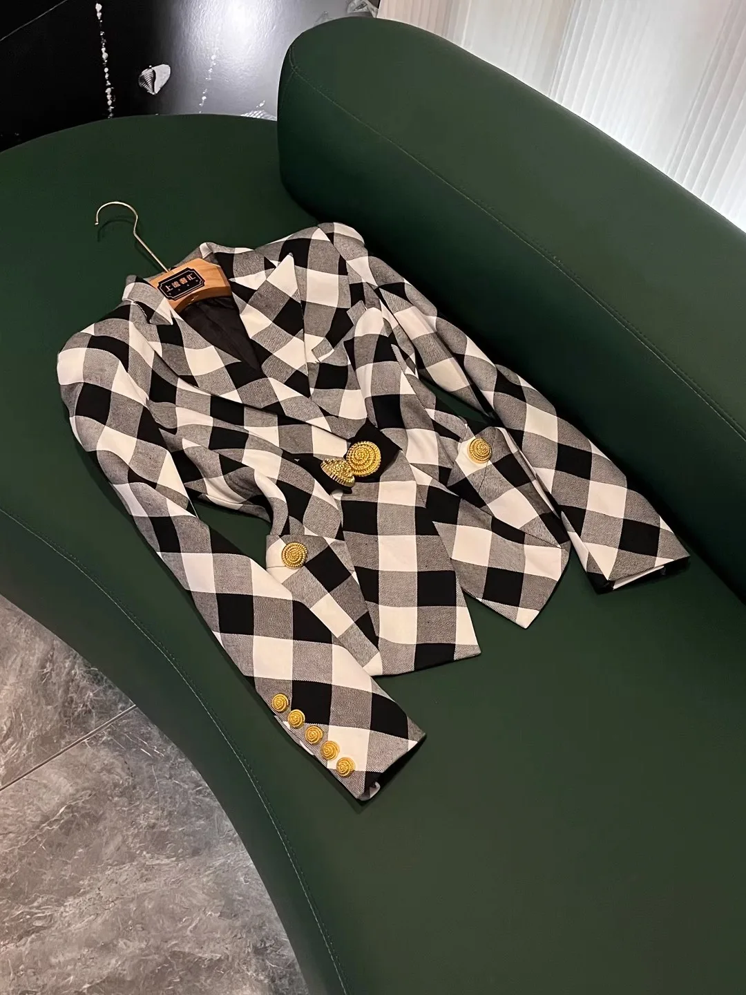 

Приталенный клетчатый костюм Jaet с большой металлической синей частью, белое осеннее новое поступление, женское модное повседневное длинное пальто све