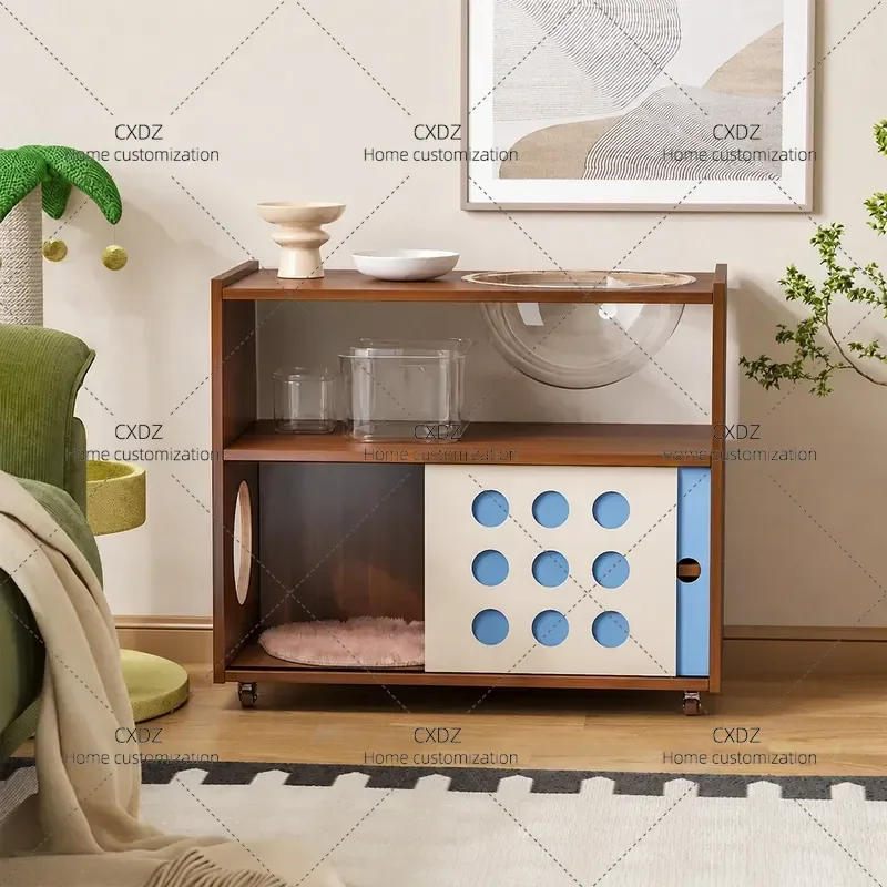 New Solid Wood Cat Scratching Post Cabinet with Movable Sliding Door Multi Corner Design Cat Nest Hole Storage Furniture