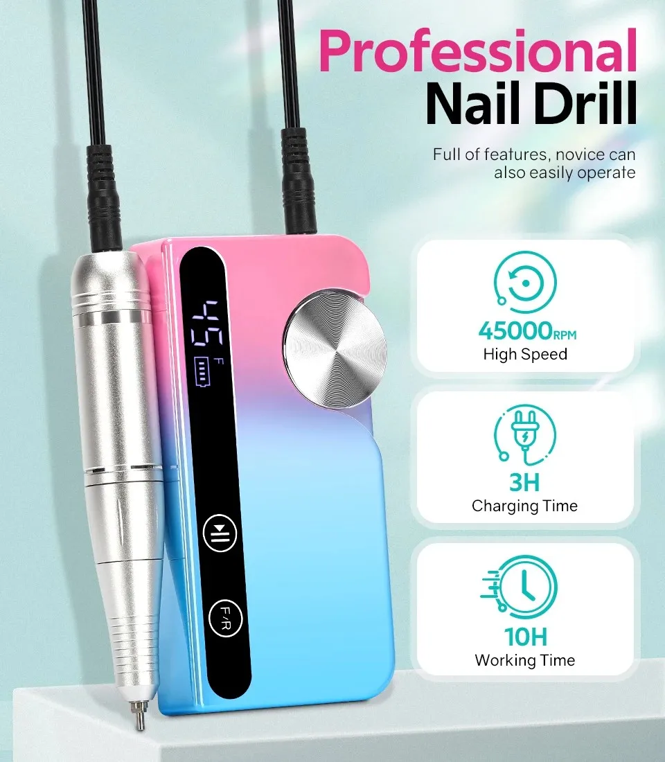 45000RPM Electric Nail Drill Machine Set USB Charging Low Voice Electric Nail Lathe with HD LCD Display