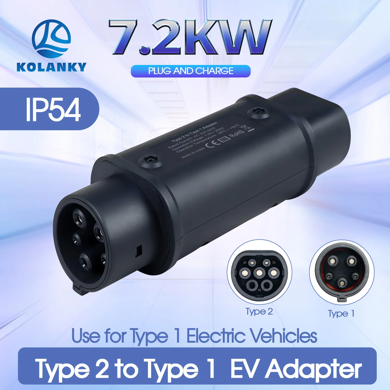 

Kolanky 32A 7.2 KW Type 2 to Type 1 Adapter For US Electric Vehicle Cars Socket Home Charing Connect Type 2 EV Charger
