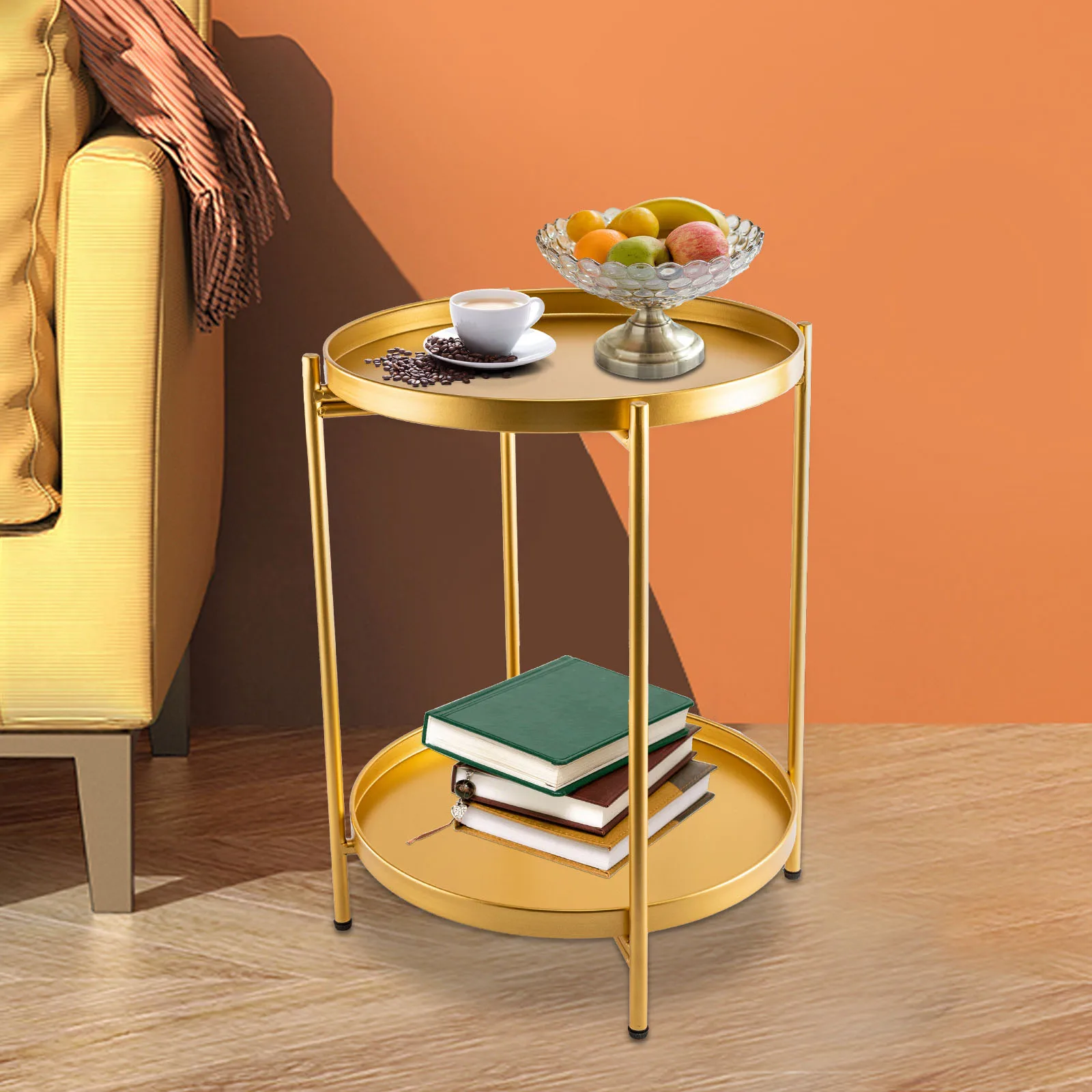 

2-Tier Simple Metal End Table Round Side Table with Removable Tray Modern Nightstand for Bedroom Balcony Patio Living Room