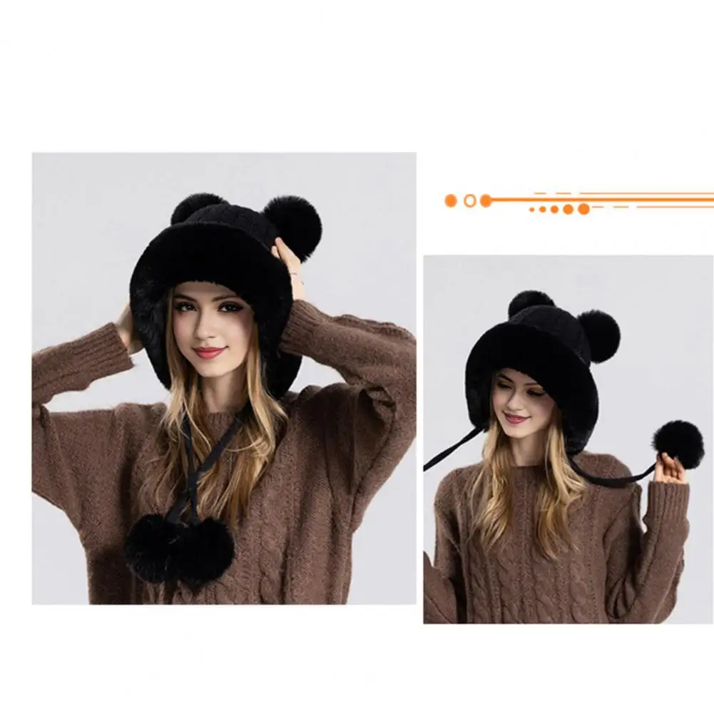 Ladies Winter Hat Knit Winter Beanie Cozy Winter Ladies Hat with Fluffy Plush Heat Retention Ball Decor Ear for Outdoor