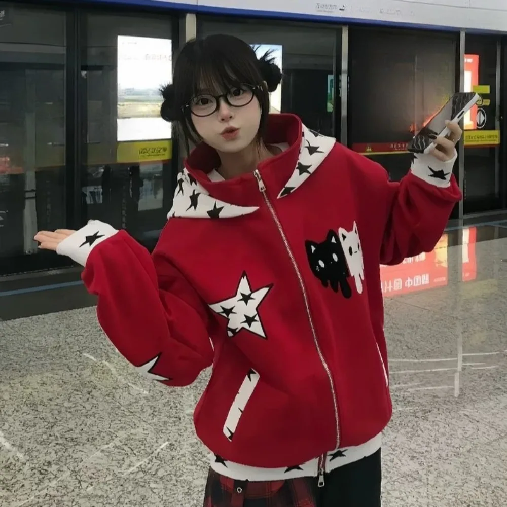 

Y2k американская винтажная куртка с длинными рукавами и звездным принтом, женская повседневная уличная одежда, пальто на молнии, тонкий осенний топ в стиле Харадзюку