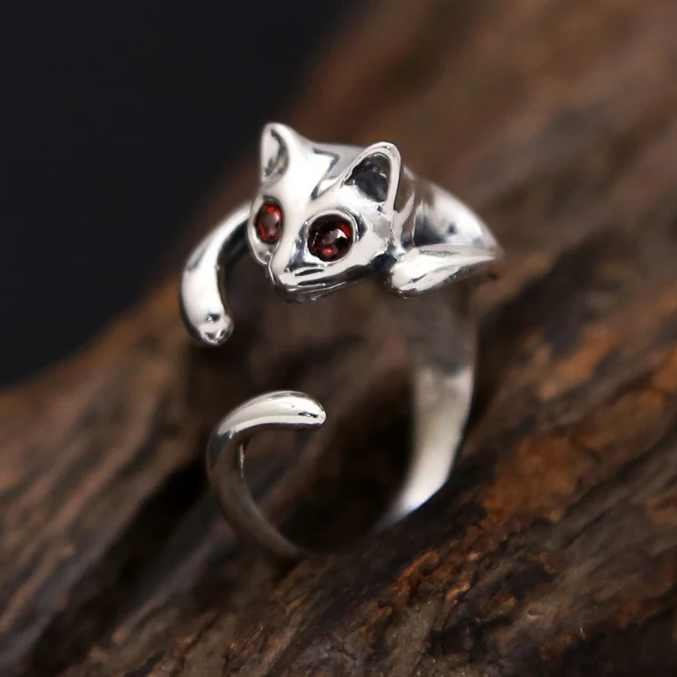 S925 pure silver jewelry cute cat ring for women retro Thai silver tail ring with personalized diamond opening Korean version ri