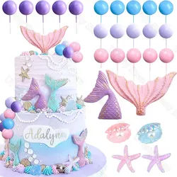 26Pcs Mermaid Birthday Cake Decoration Pink Purple Cake Balls Seashell Memail Tail Cake Toppers for Birthday Baby Shower Favor