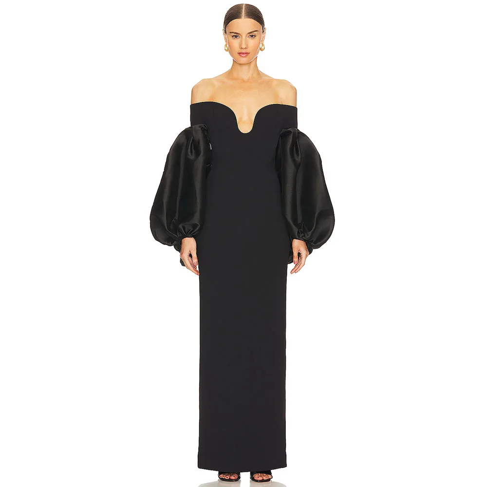

Modern Black Evening Gown Off The Shoulder Lantern Sleeves Formal Women's Evening Dress Mermaid Floor Leng Saudi Party Dress