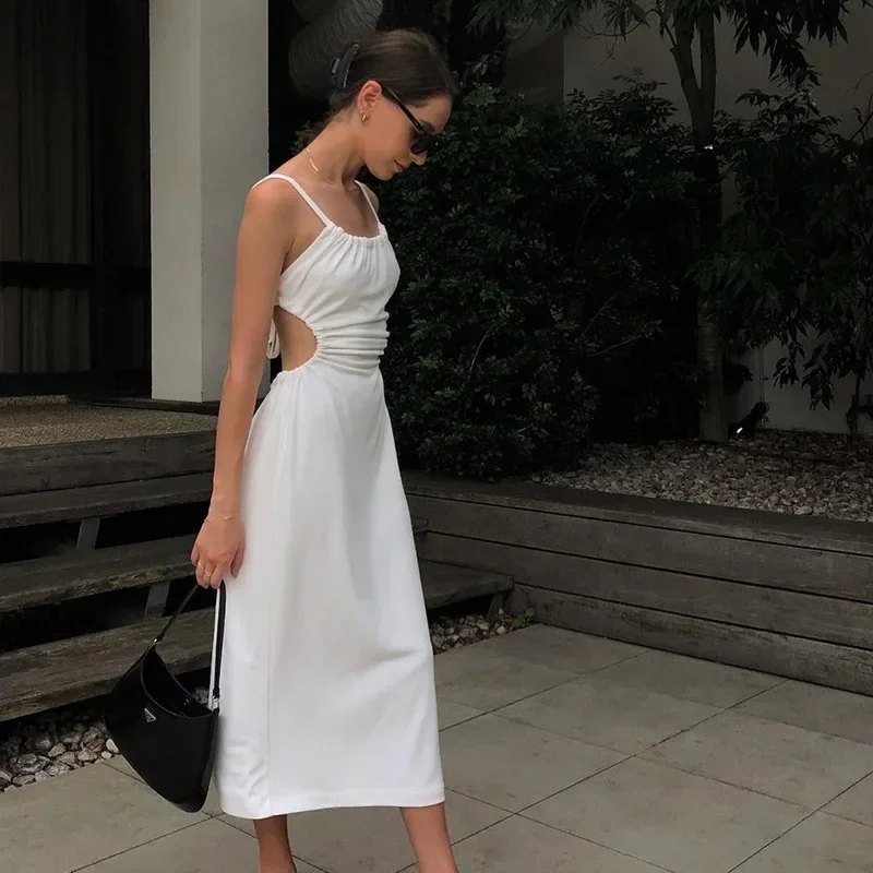 Elegante vestido sem costas feminino, vestido longo branco, cinta de espaguete, praia, dama de honra, moda verão, sexy, midi