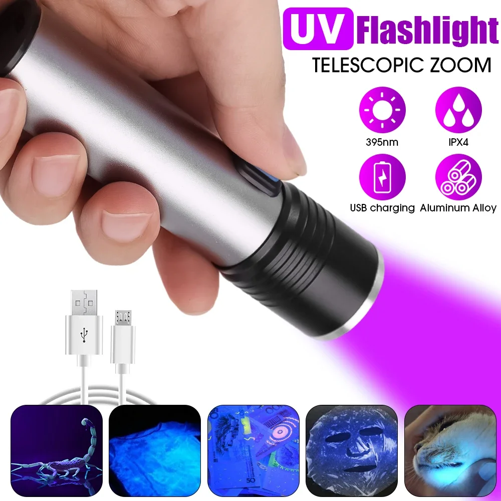 395/365nm UV Flashlight Zoomable USB Rechargeable Ultraviolet Flashlight UV Light Inspection Lamp Pet Urine Stain Detector Tools