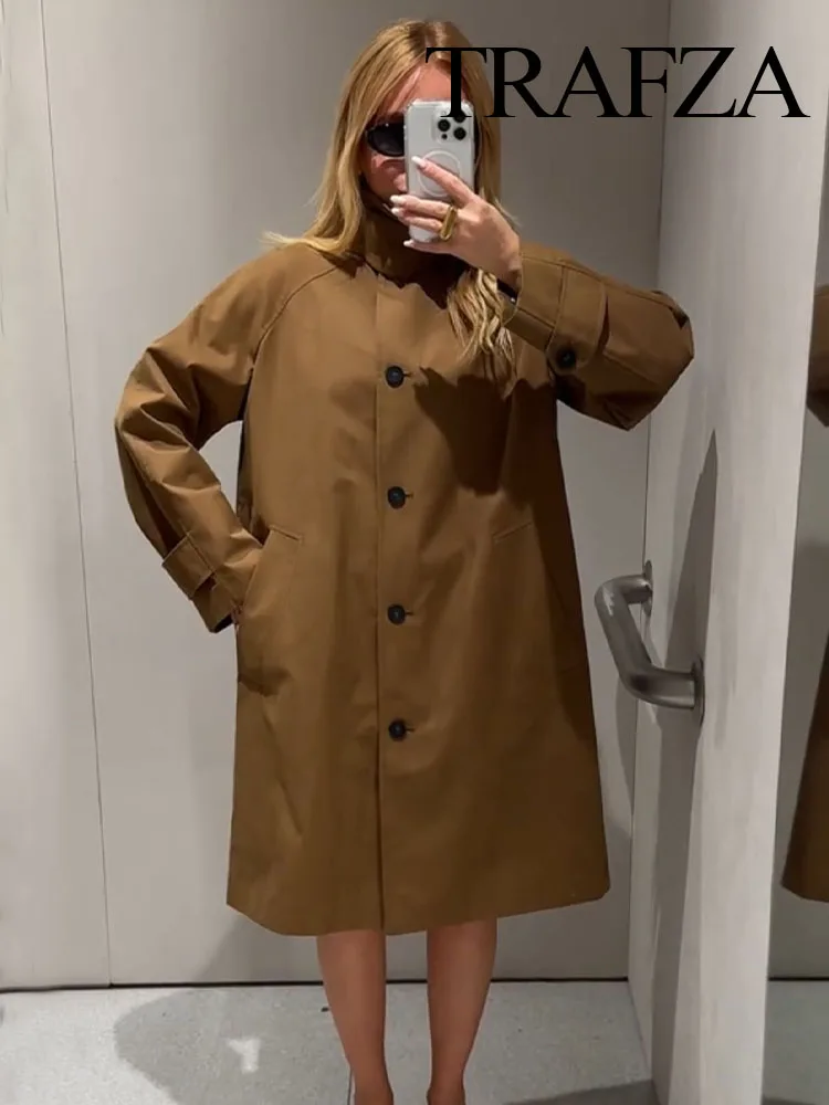 

TRAFZA женское модное свободное пальто в уличном стиле женское осеннее однобортное однобортное пальто с лацканами и боковым карманом коричневое элегантное шикарное пальто