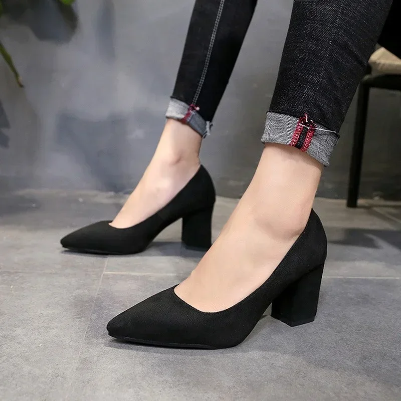 

New Women's Chunky Heel Shoes Pointed Toe Shallow Mouth High Heels Shoes Thick Heel Fashion Shoe Women's Large Size 43