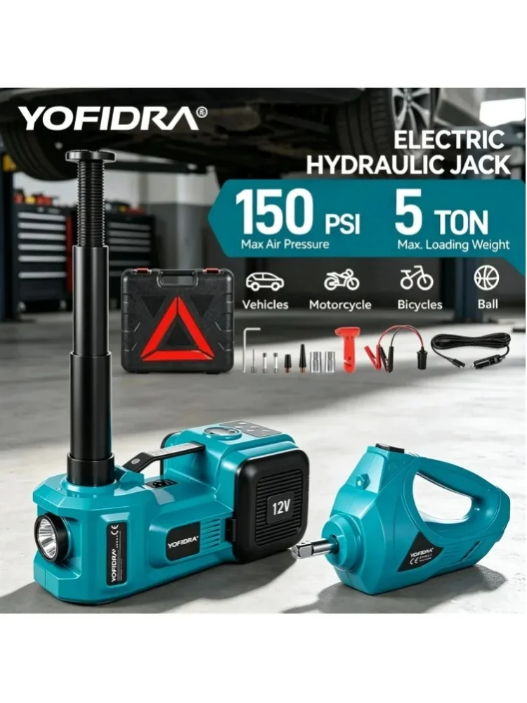 YOFIDRA 5 T Elektryczny Hydrauliczny Podnośnik Samochodowy 12V 45CM Przenośny Podnośnik do Pojazdów z Pompką do Opon do Sedanów, SUV-ów, MPV, Lekkich Ciężarówek, do Awaryjnej Wymiany Opon i Napraw w — 2