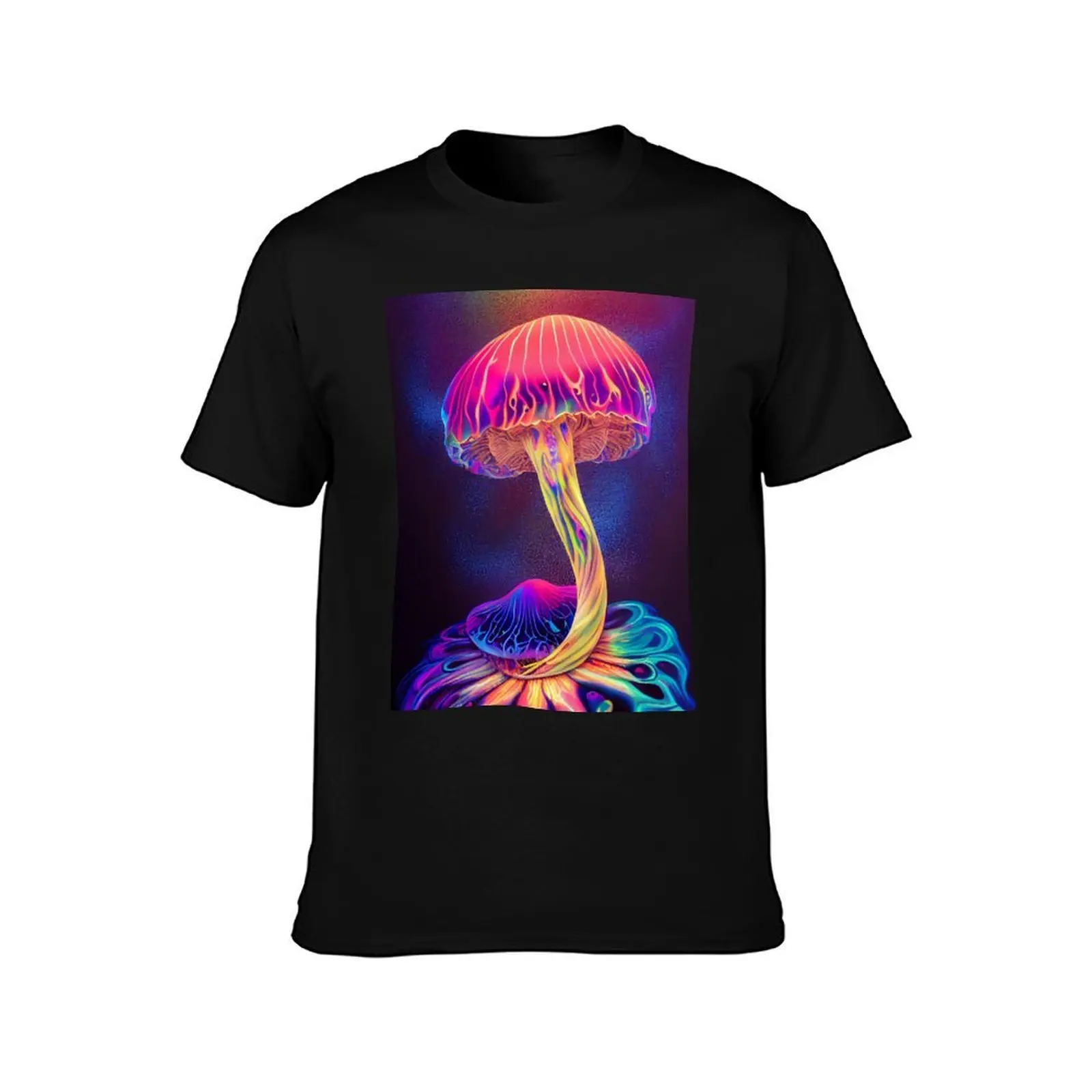 UV reactive mushroom art T-Shirt, Summer Casual Cotton Tee, Oversized Streetwear Tops, Vintage Graphic Print, Unisex Men Women