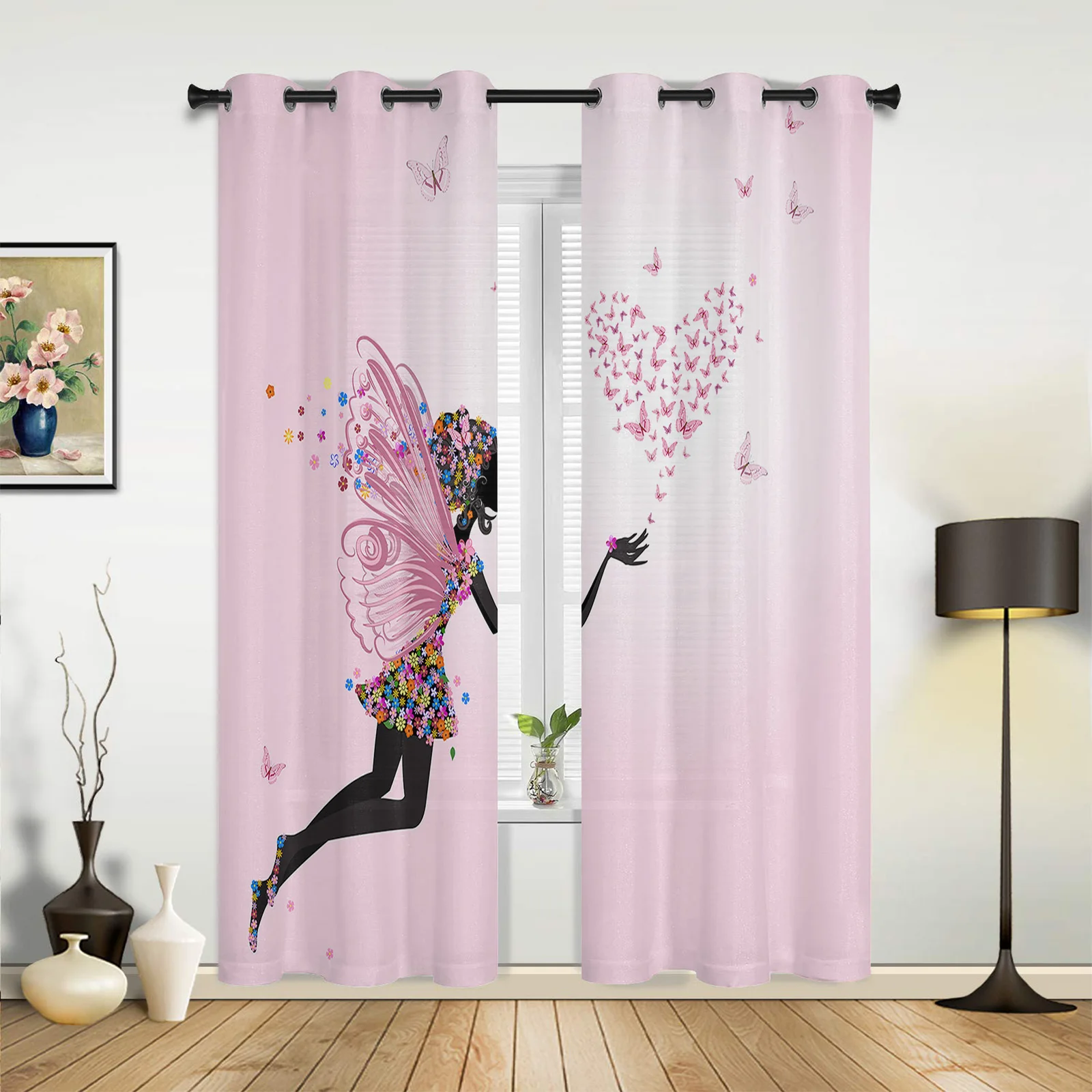 Pink Girl Flower Butterfly Window Curtains Home Decoration Living Room Curtains Kid's Room Drapes Curtain For Kitchen Bedroom