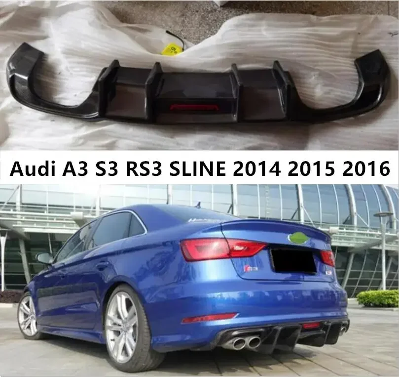 Rear Bumper Diffuser For Audi A3 S3 RS3 SLINE 2014 2015 2016 Trunk Door Lip Spoiler Real Carbon Fiber (With LED Light )