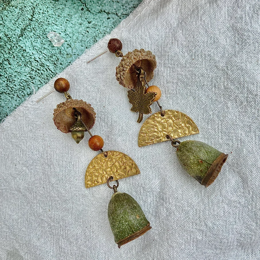 Women's Handmade Natural Plant Seed Earrings Retro Copper Tone Dangle Earrings S925 Sterling Silver Post Hypoallergenic Jewelry