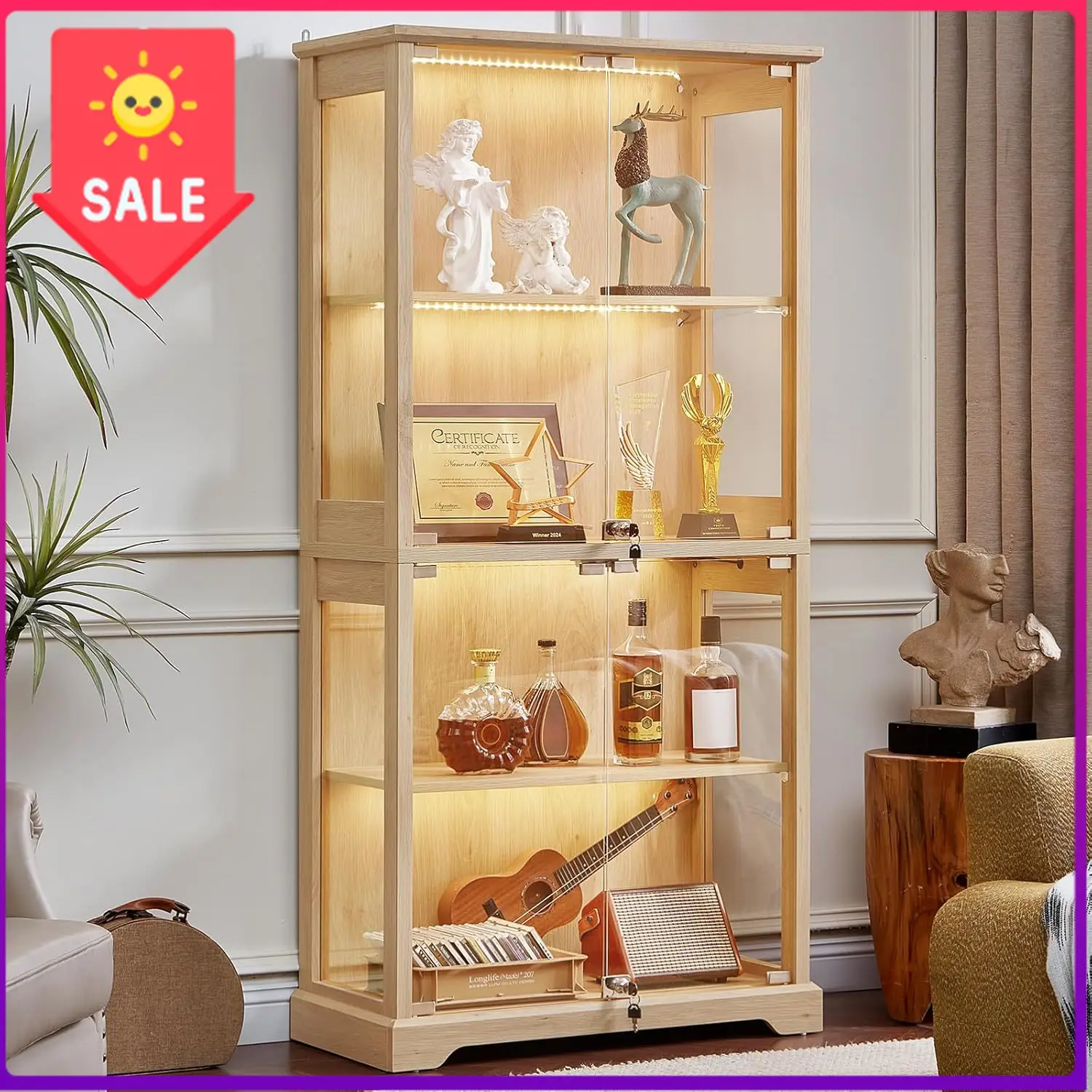 Farmhouse Glass Display Cabinet with Lock, Natural | Wooden Curio Cabinets with Glass Doors, 3-Color Motion-Sensor Light & Reinf