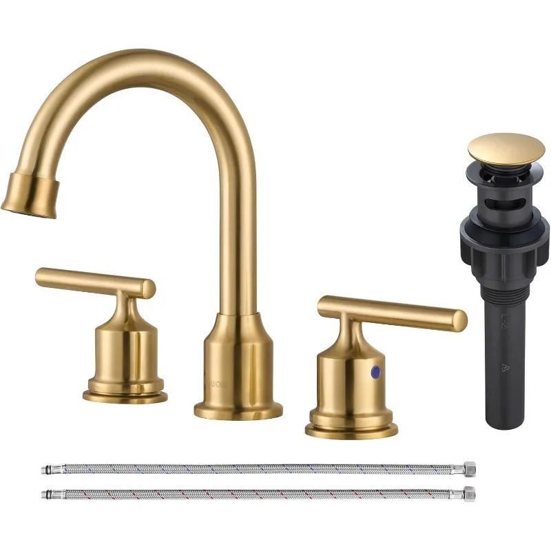 Gold Bathroom Faucet 3 Hole Sink Faucet Widespread Vanity Faucet 2 Handle Brass Basin with Up Drain 8 Inch