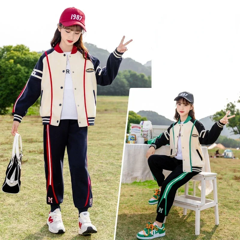 4-15Y Girls Two Piece Set Spring and Autumn Patchwork Casual Single Breasted Baseball Jacket Sports Pants Children's Sets