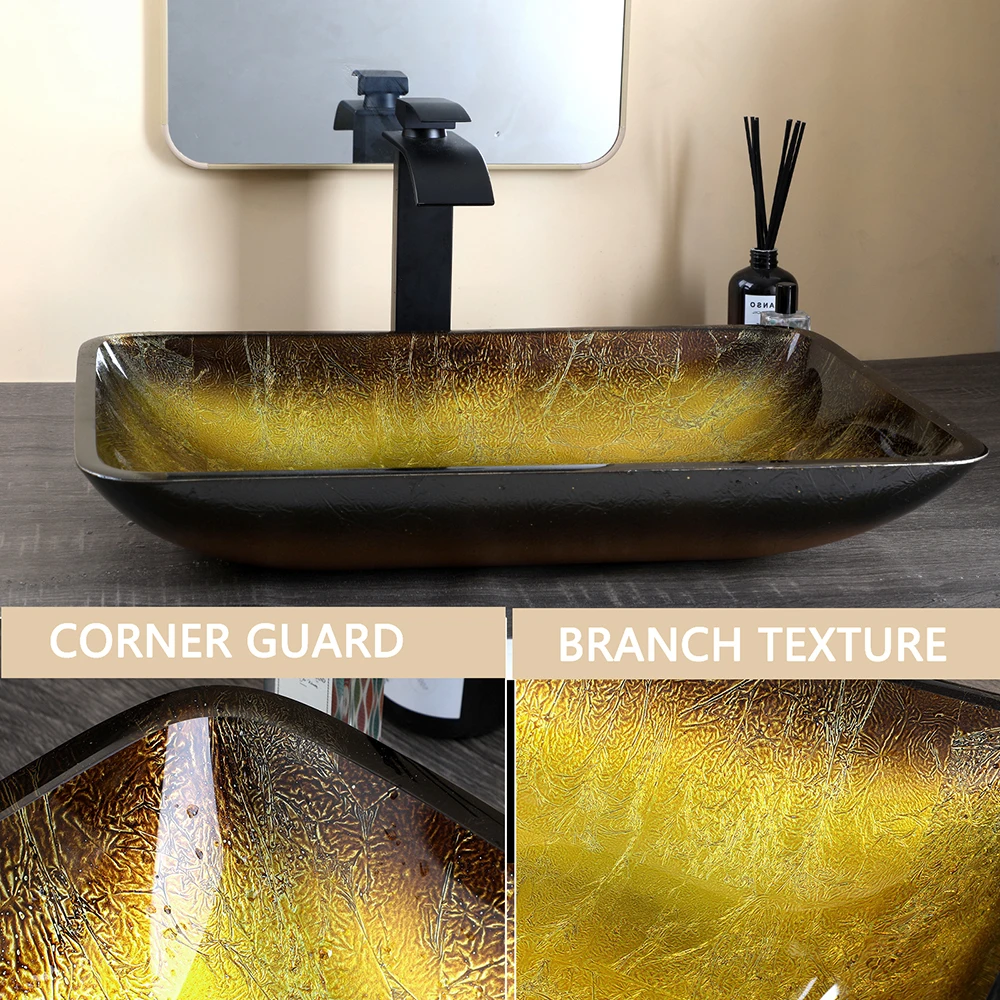 Amber Glass Bathroom Sink Set Rectangular Tempered Glass Vessel Sink with Matte Black Waterfall Faucet Countertop Art Wash Basin