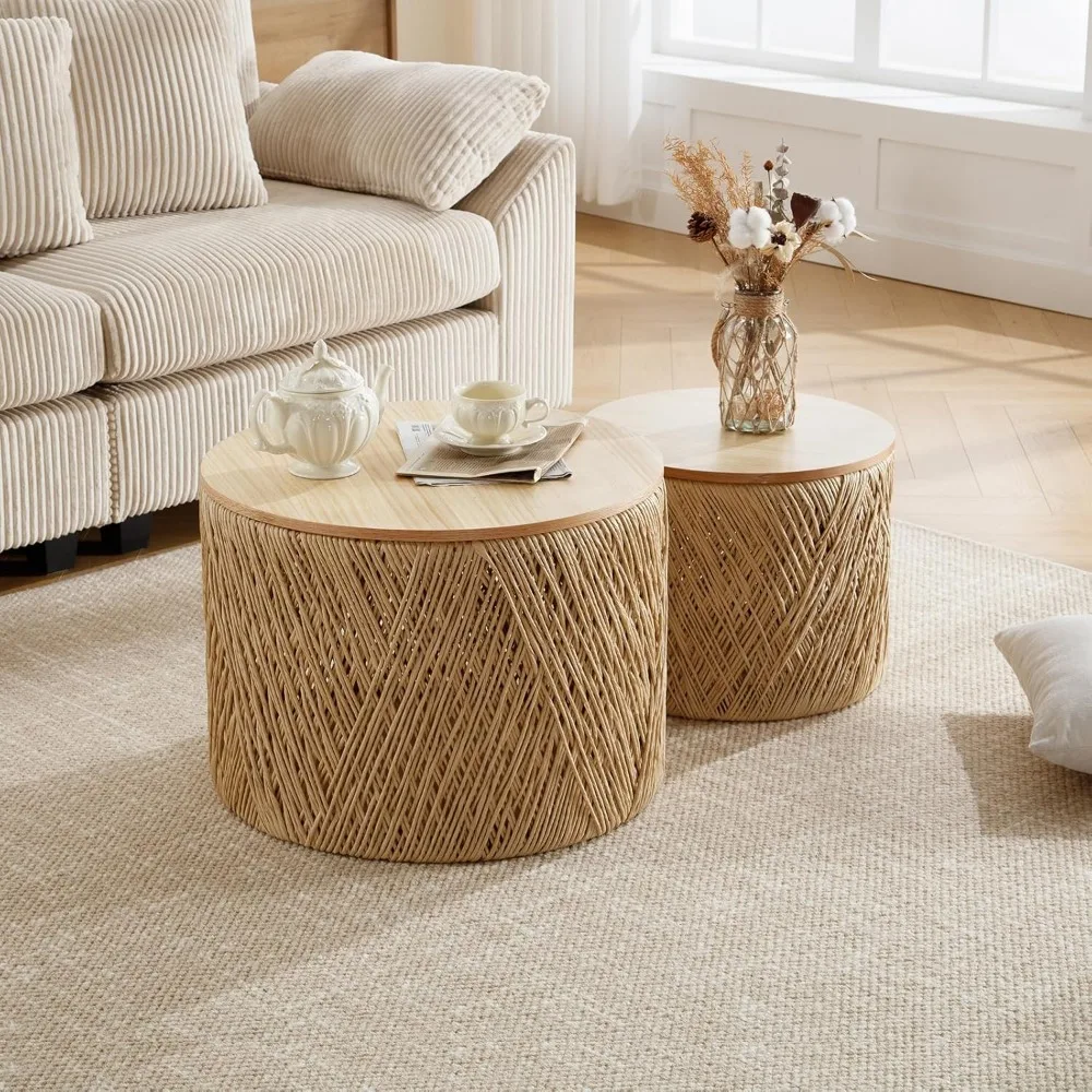 Nested Coffee Table 2-piece Set, Circular Coffee Table with Storage Space, Plain Woven Circular Coffee Table