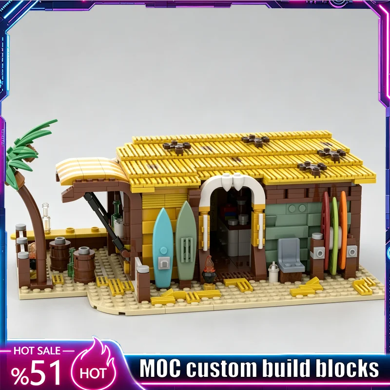 932-teiliges MOC City Surf-Shop Strandbar Modulares Straßenbau-Modell DIY Kreative Bausteine Puzzle Sammler Ausstellungsstück Geschenke