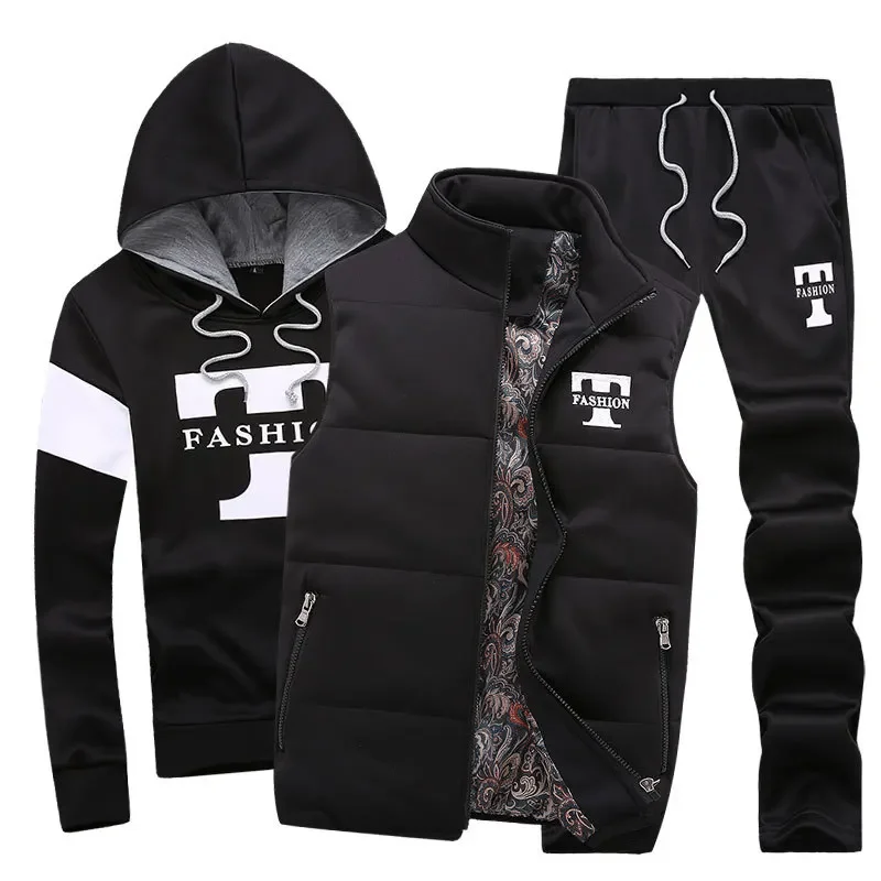 3 Pieces Set Hoodies+Vest+Pants Casual Men\'s Track Suit Clothing Coats Winter Thick Warm Tracksuit for Men Printed Mens Set Vest