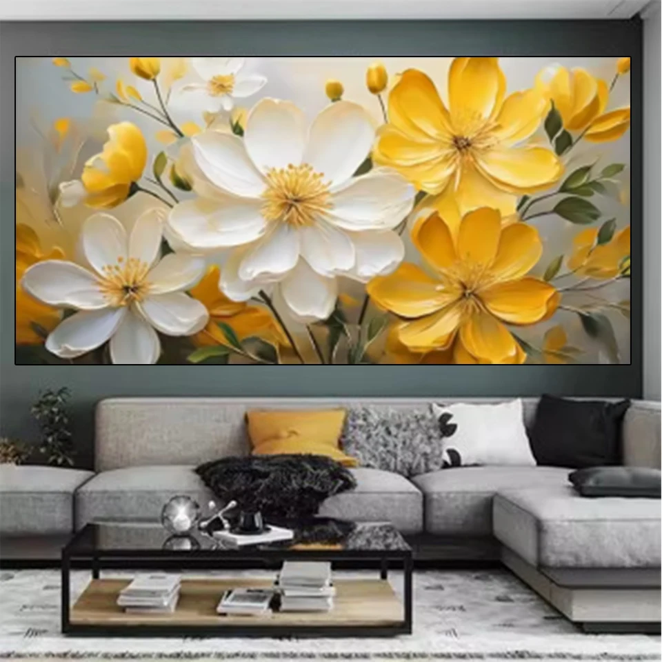

5DDIY Diamond Painting White and Yellow Flowers Abstract Modern Flowers Large Horizontal Art Printing Wall Art Home Decoration