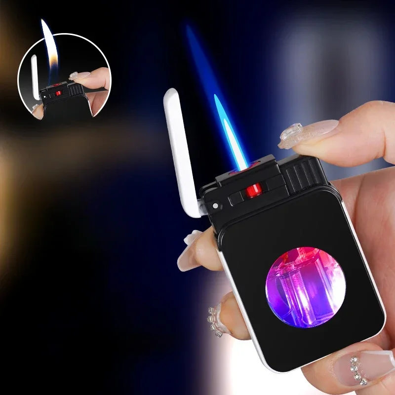 New Direct Flame Dual Flame Switching Lighter, Colorful Light Perspective Vent Butane Lighter, Smoking Accessories