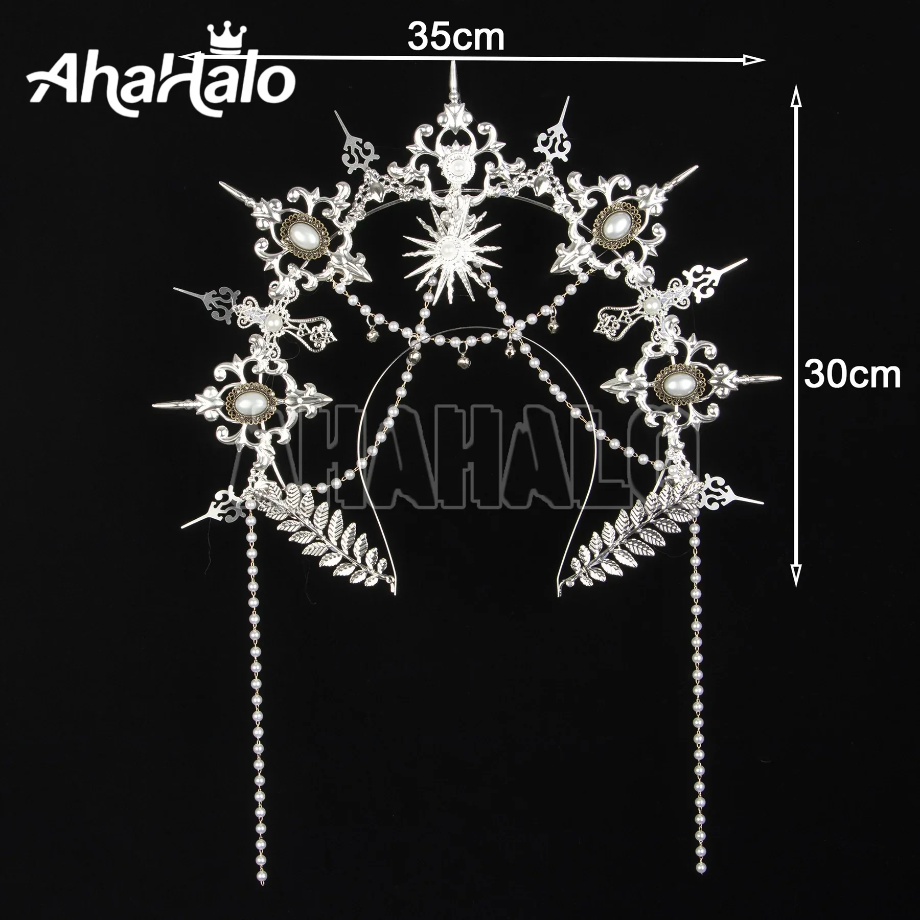 Argent gothique Halo couronne casque Lolita soleil déesse reine diadème perle perlée chaîne bandeau carnaval Halloween accessoire de cheveux